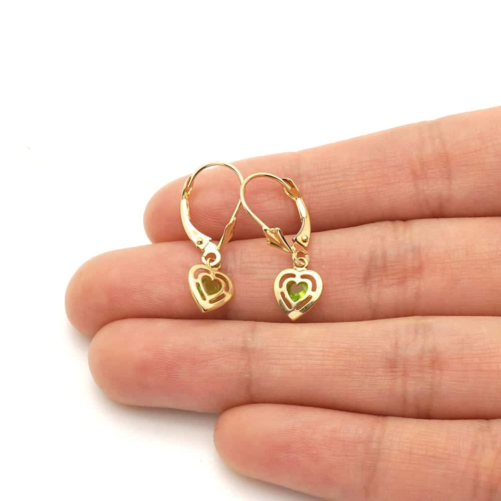14k Yellow Gold Bezel Set Heart Shaped Birthstone Drop Leverback Earrings