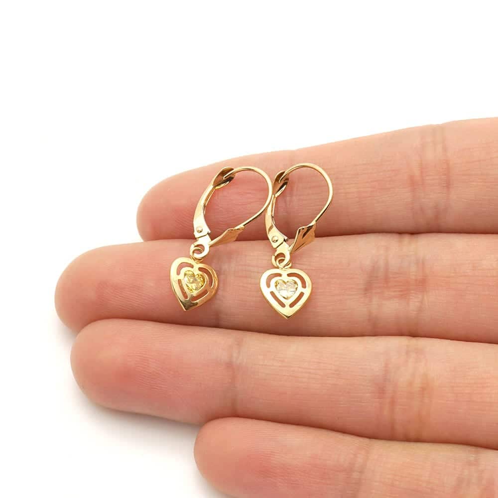 14k Yellow Gold Bezel Set Heart Shaped Birthstone Drop Leverback Earrings