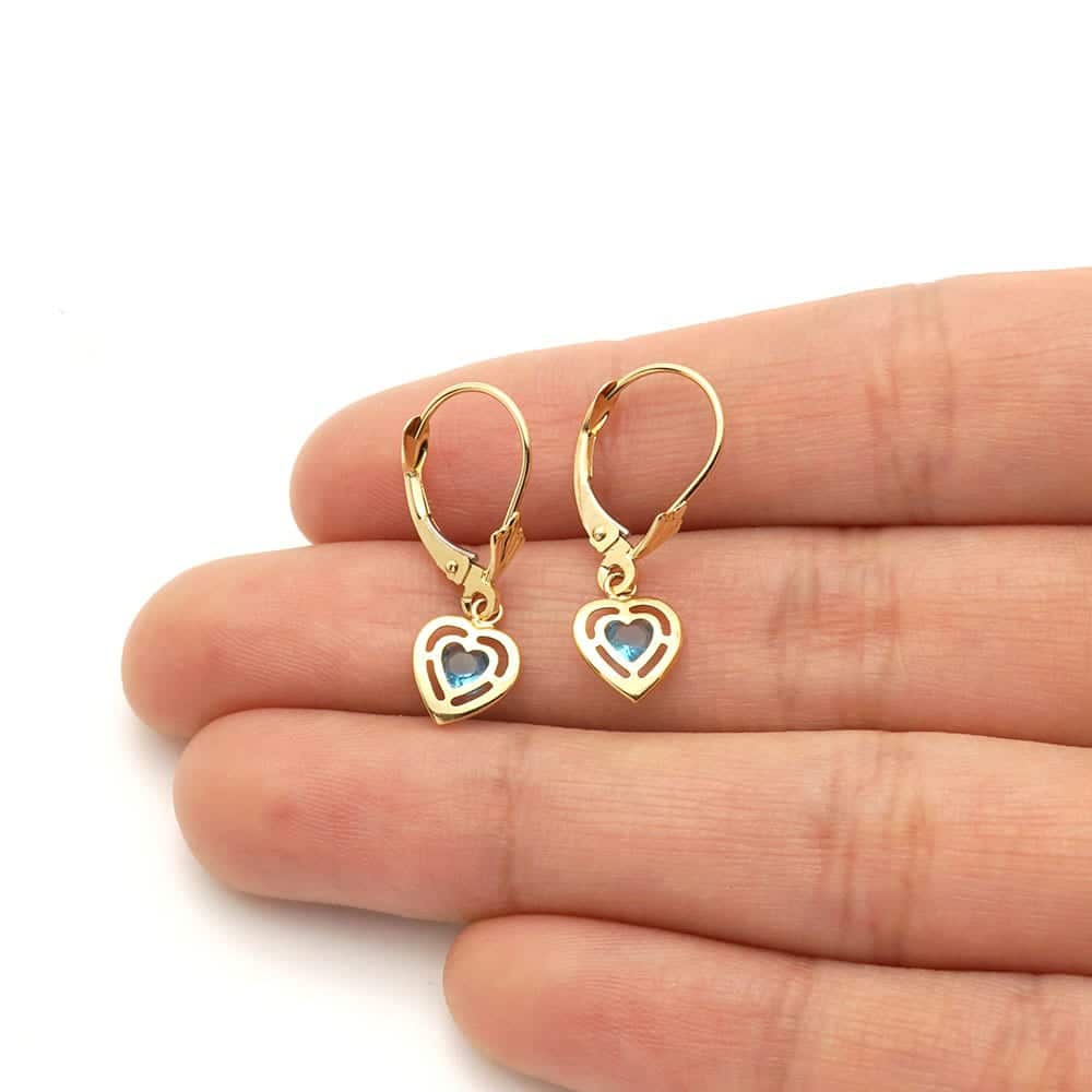 14k Yellow Gold Bezel Set Heart Shaped Birthstone Drop Leverback Earrings