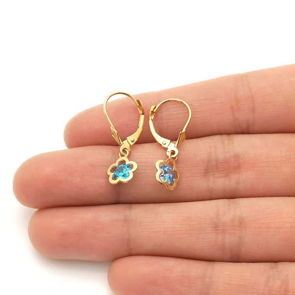 14k Yellow Gold Round Birthstone Flower Drop Leverback Earrings