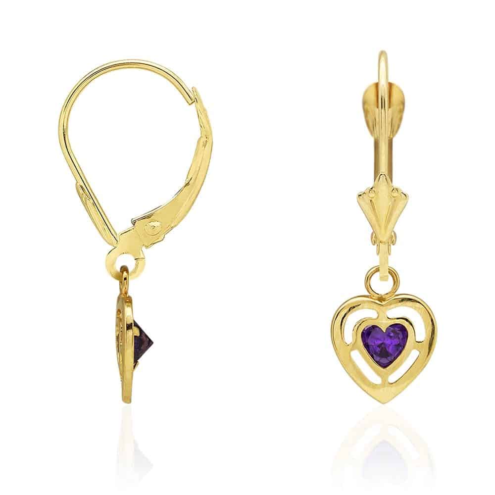14k Yellow Gold Bezel Set Heart Shaped Birthstone Drop Leverback Earrings