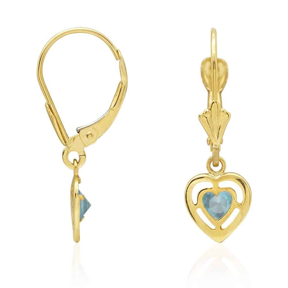 14k Yellow Gold Bezel Set Heart Shaped Birthstone Drop Leverback Earrings