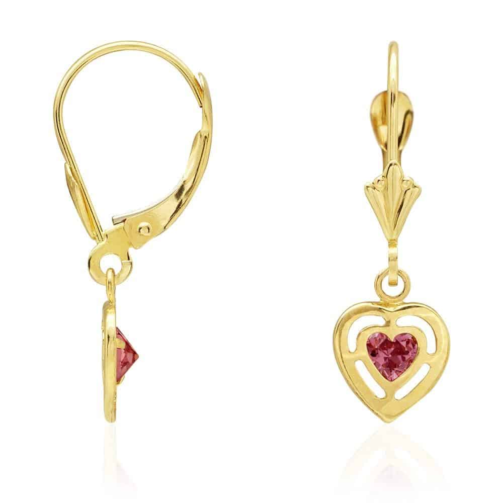 14k Yellow Gold Bezel Set Heart Shaped Birthstone Drop Leverback Earrings