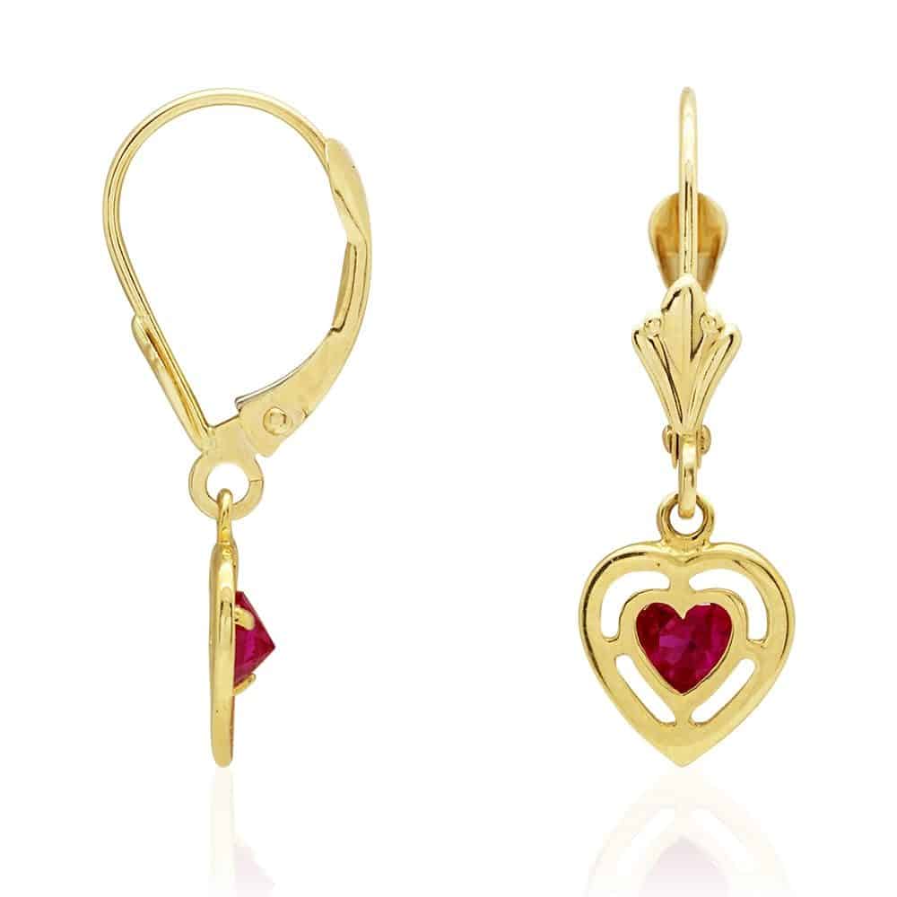 14k Yellow Gold Bezel Set Heart Shaped Birthstone Drop Leverback Earrings