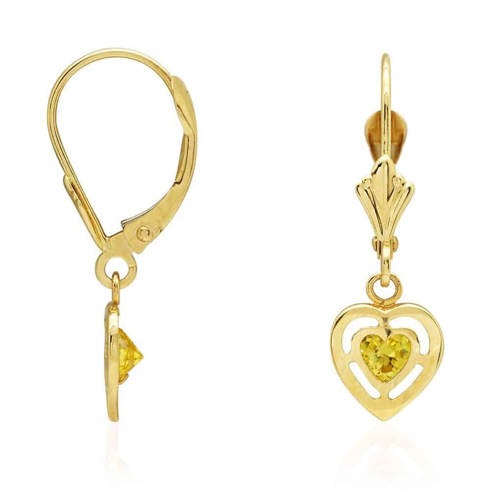 14k Yellow Gold Bezel Set Heart Shaped Birthstone Drop Leverback Earrings