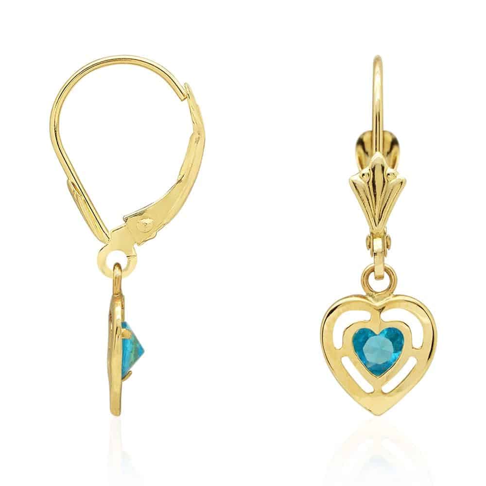 14k Yellow Gold Bezel Set Heart Shaped Birthstone Drop Leverback Earrings