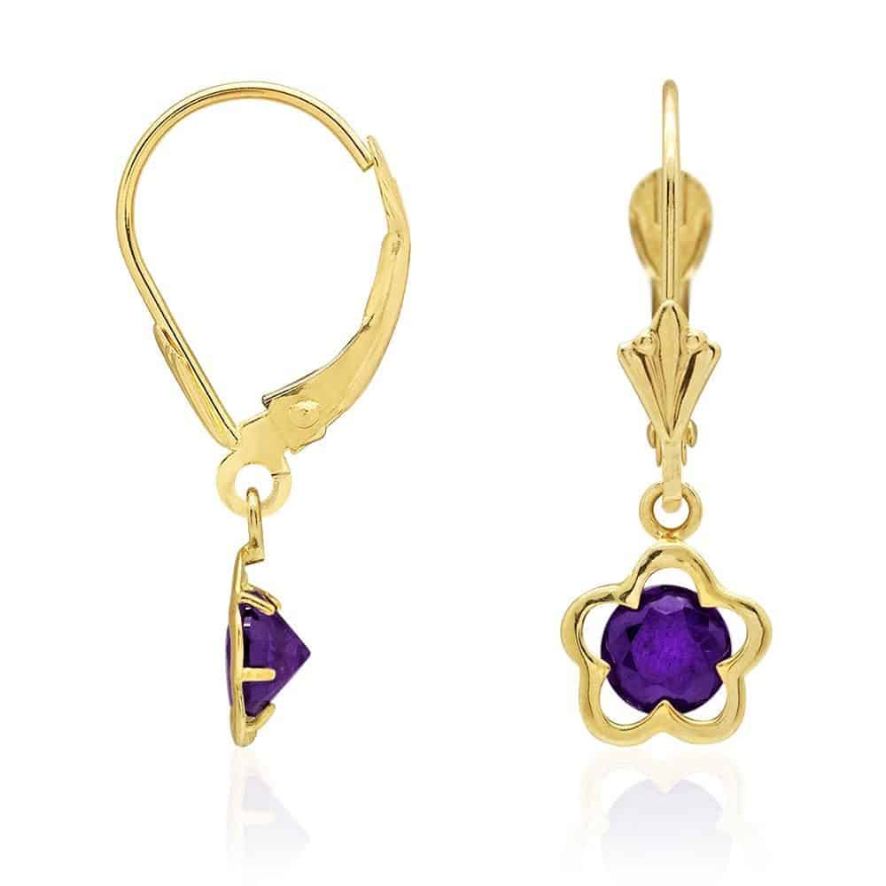 14k Yellow Gold Round Birthstone Flower Drop Leverback Earrings