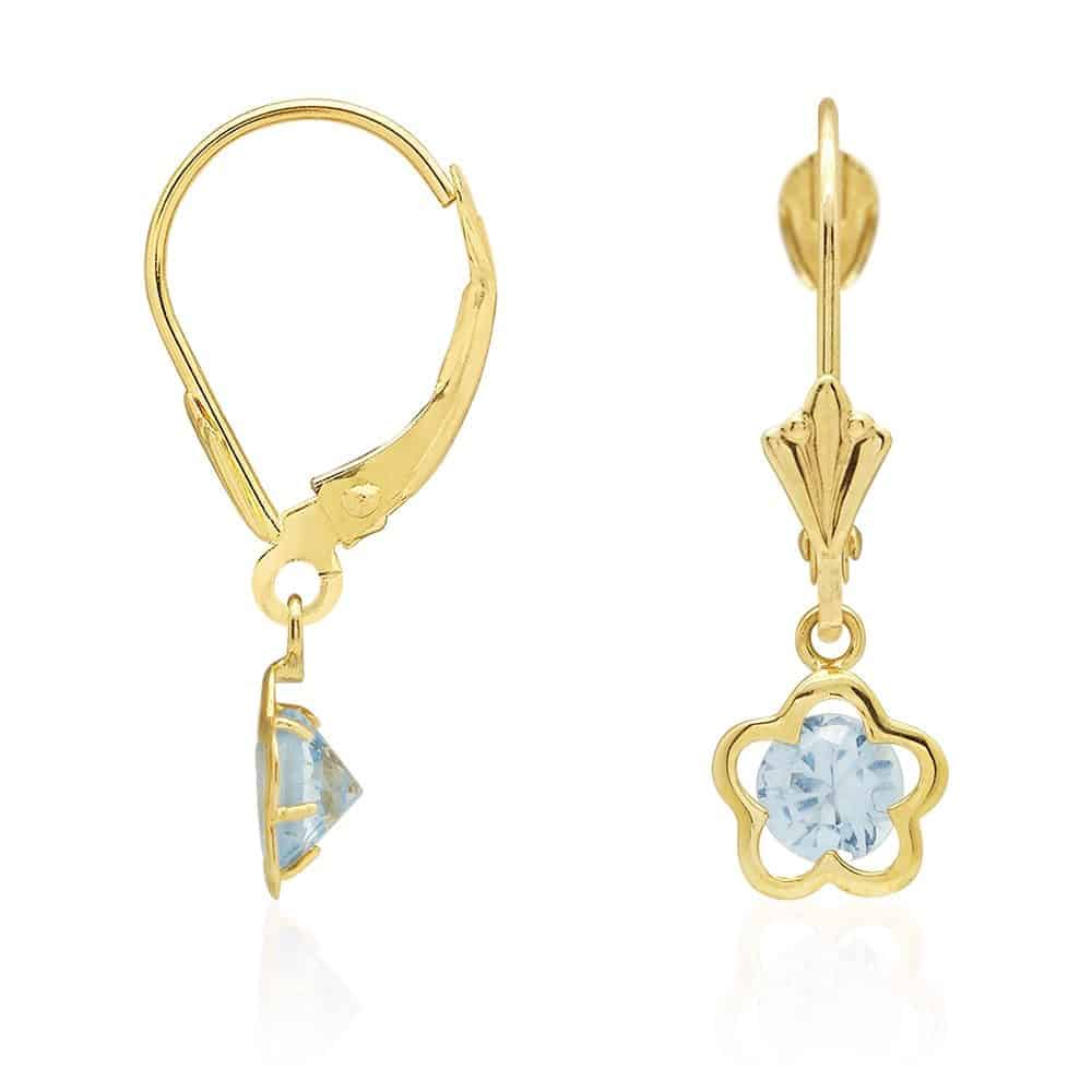 14k Yellow Gold Round Birthstone Flower Drop Leverback Earrings