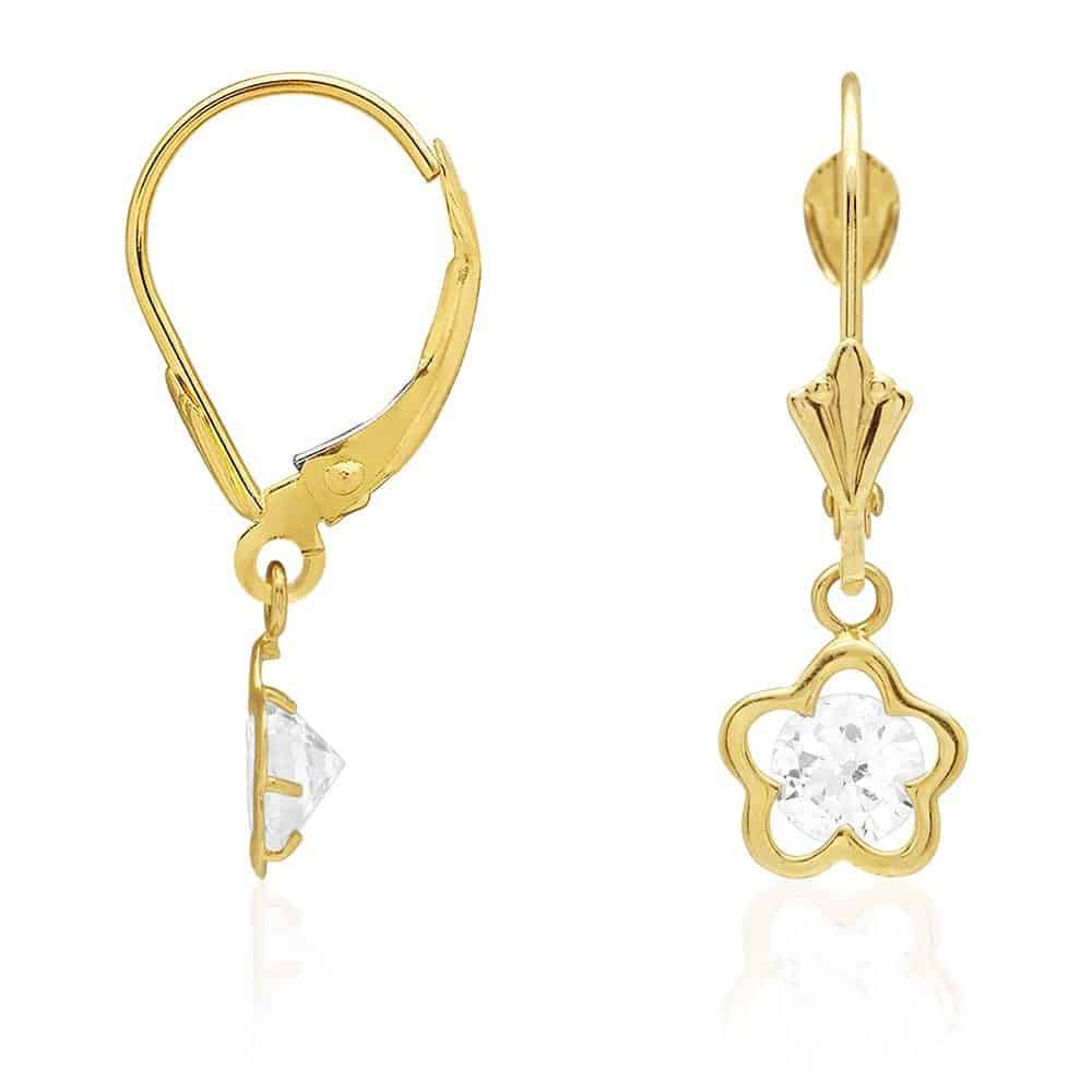 14k Yellow Gold Round Birthstone Flower Drop Leverback Earrings