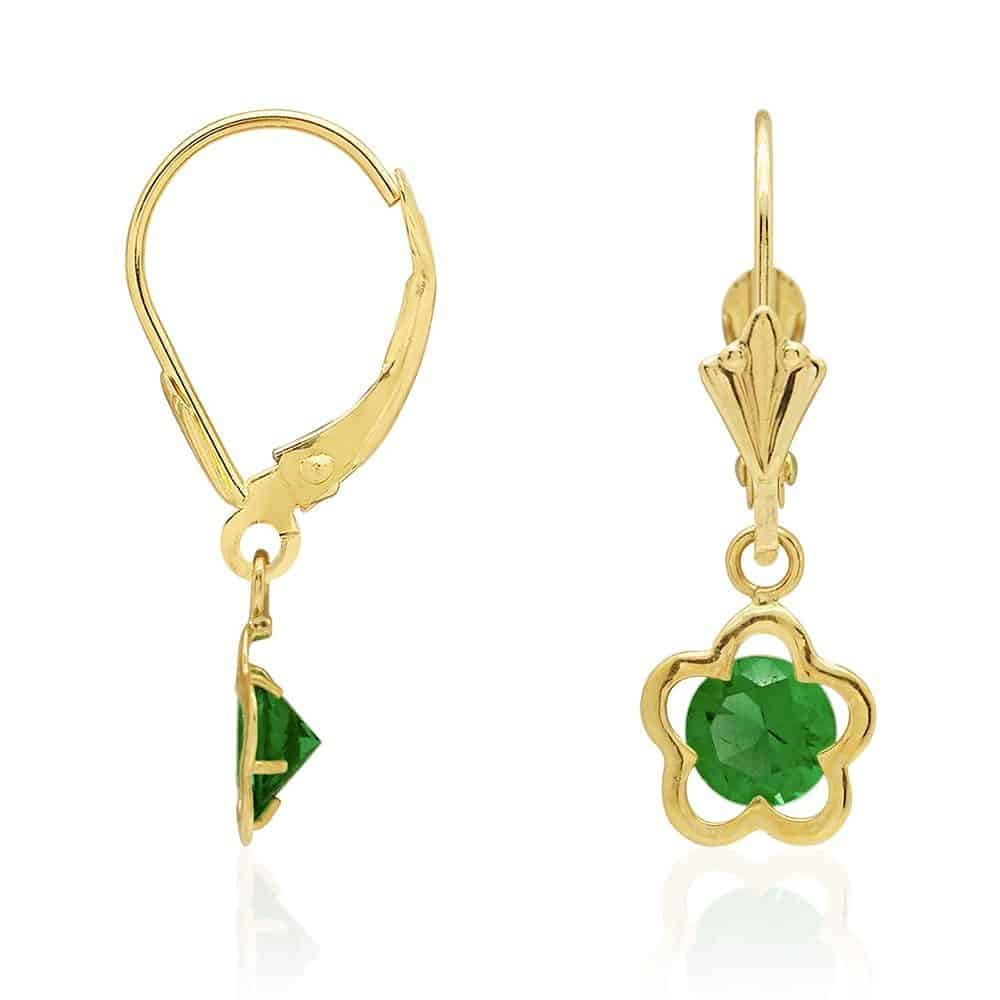 14k Yellow Gold Round Birthstone Flower Drop Leverback Earrings