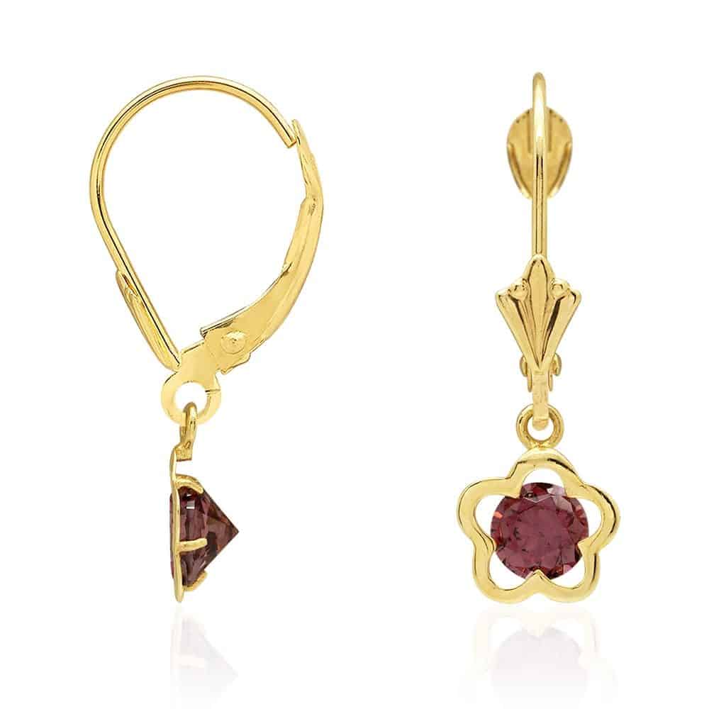 14k Yellow Gold Round Birthstone Flower Drop Leverback Earrings