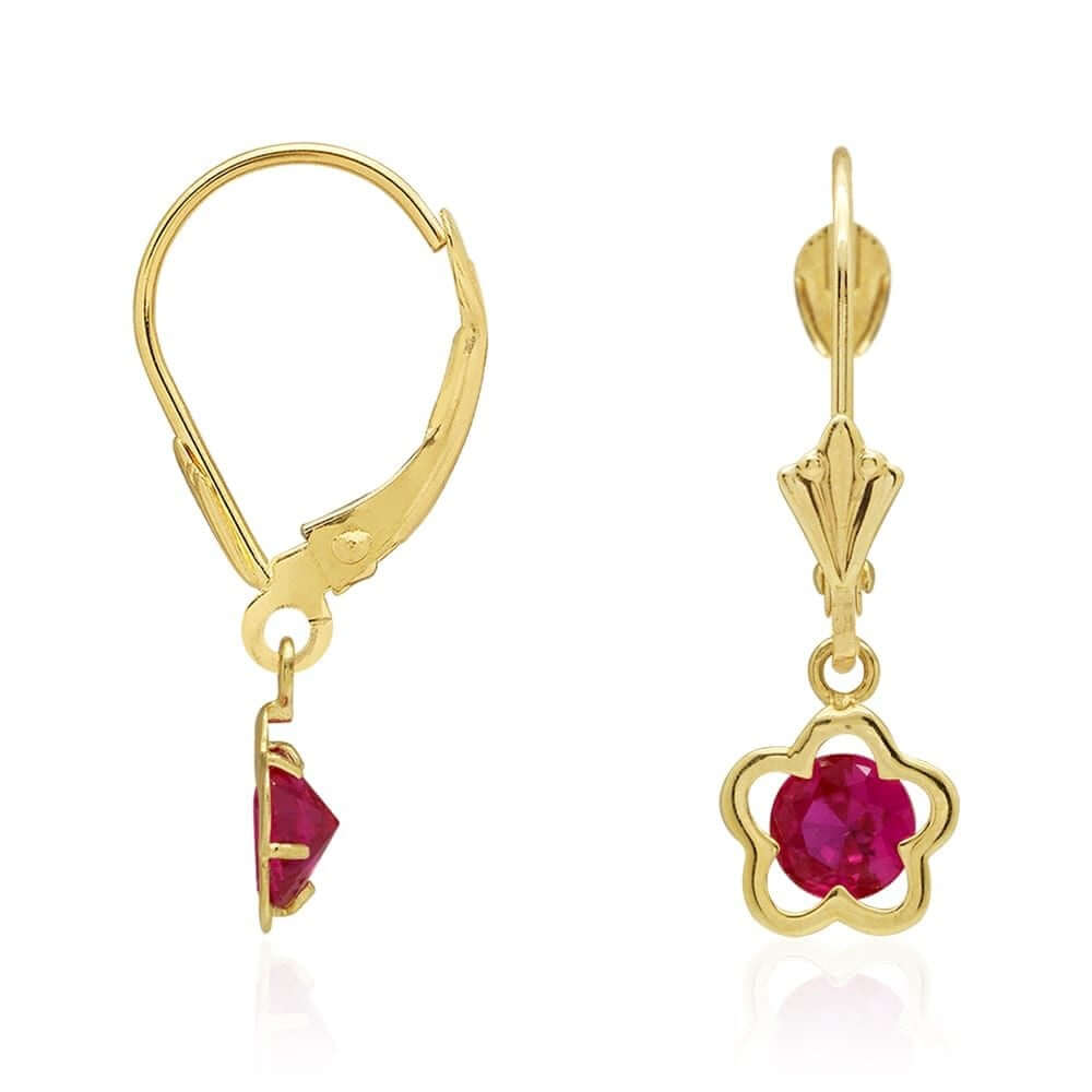14k Yellow Gold Round Birthstone Flower Drop Leverback Earrings