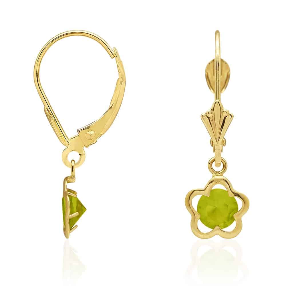 14k Yellow Gold Round Birthstone Flower Drop Leverback Earrings
