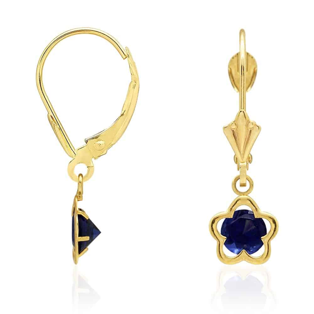 14k Yellow Gold Round Birthstone Flower Drop Leverback Earrings
