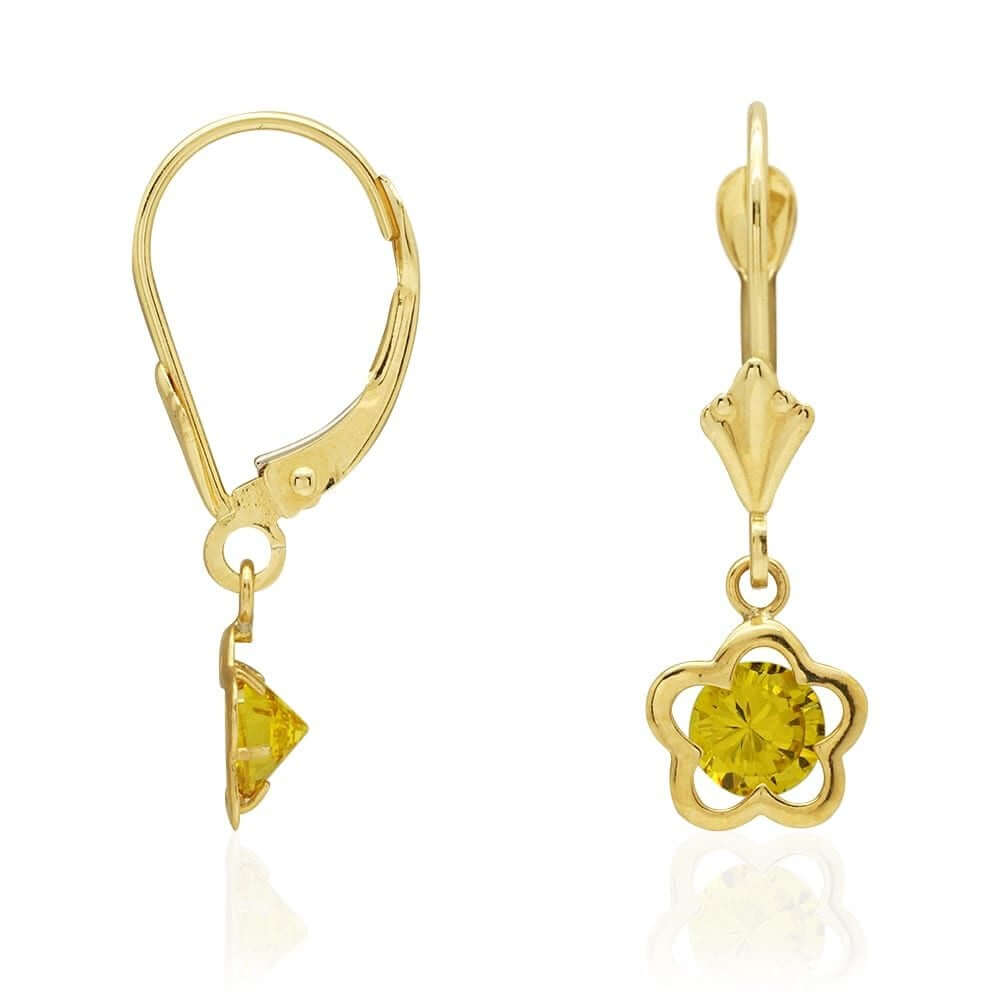 14k Yellow Gold Round Birthstone Flower Drop Leverback Earrings