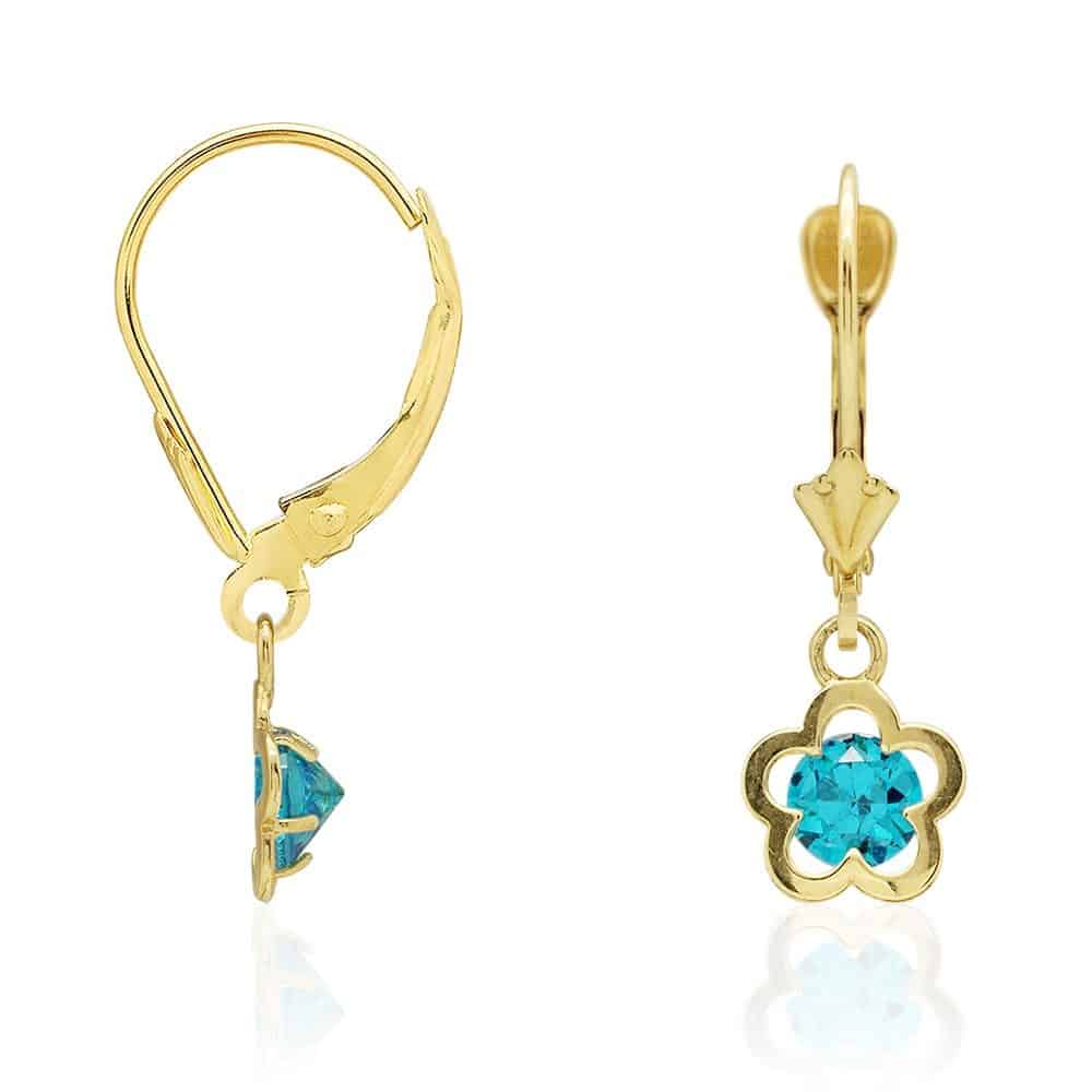 14k Yellow Gold Round Birthstone Flower Drop Leverback Earrings
