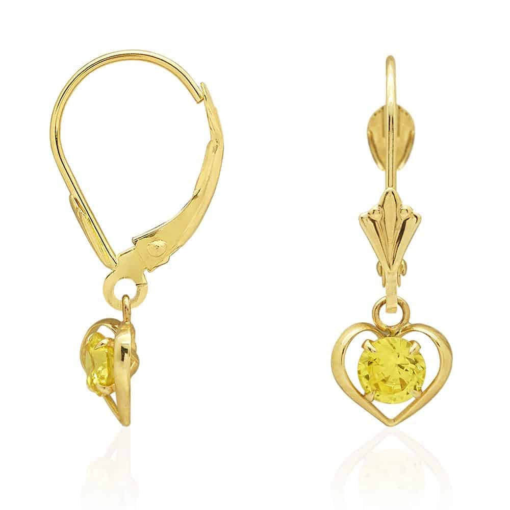14K Yellow Gold Open Heart Solitaire Birthstone Drop Leverback Earrings