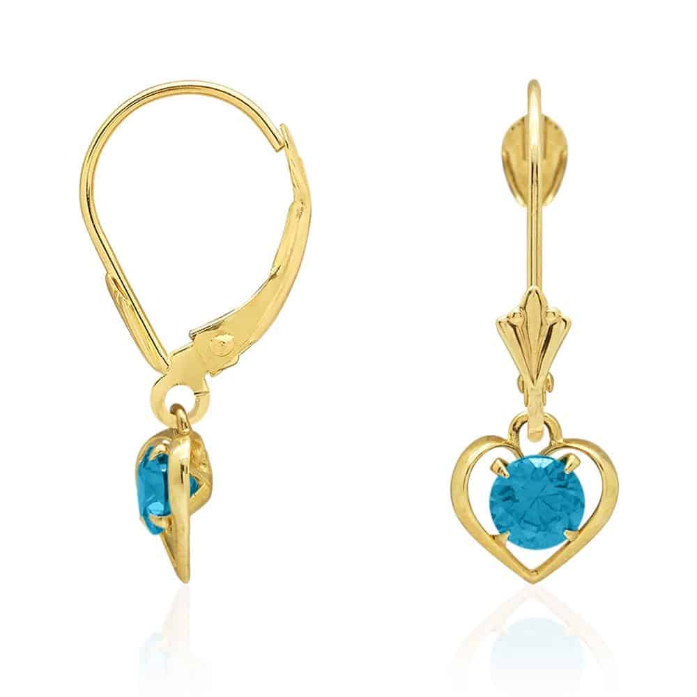 14K Yellow Gold Open Heart Solitaire Birthstone Drop Leverback Earrings
