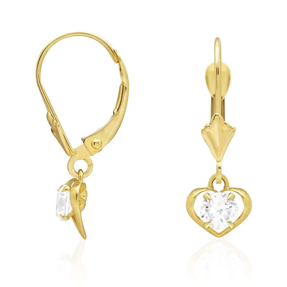 14K Yellow Gold Open Heart Solitaire Birthstone Drop Leverback Earrings