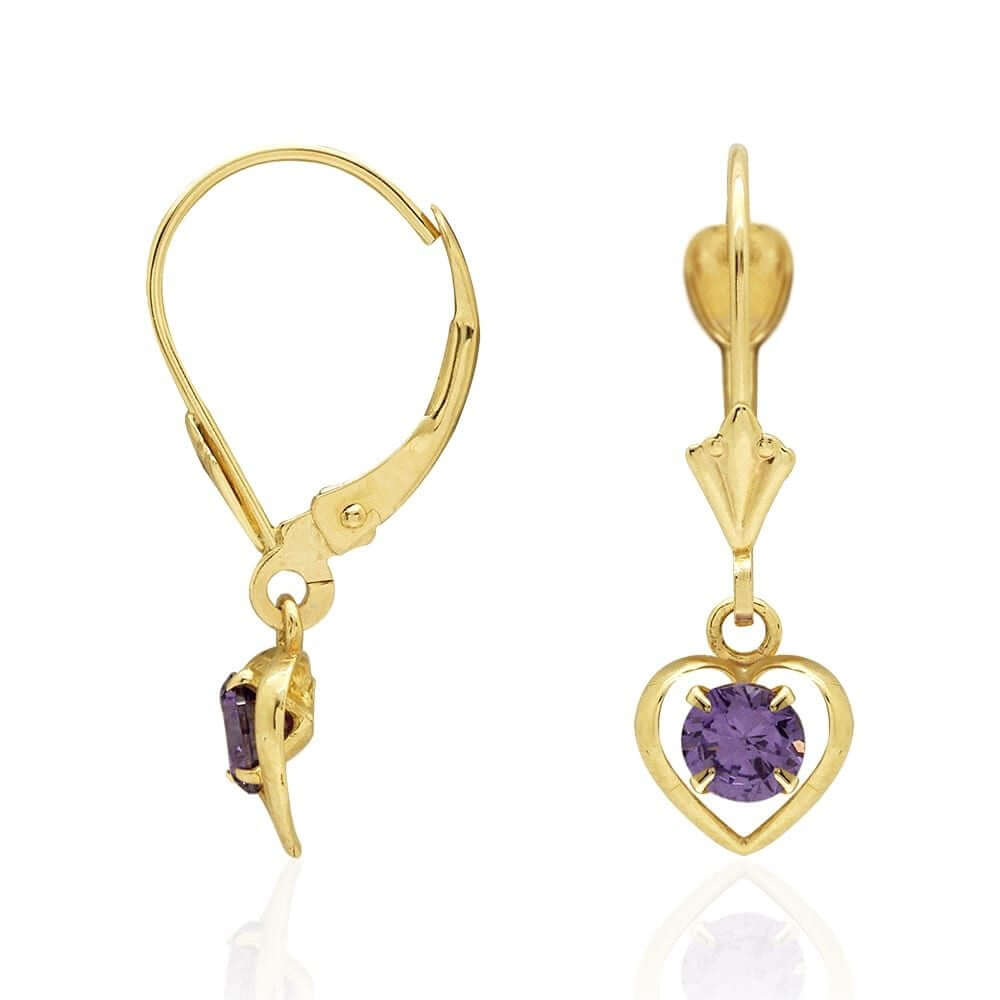 14K Yellow Gold Open Heart Solitaire Birthstone Drop Leverback Earrings