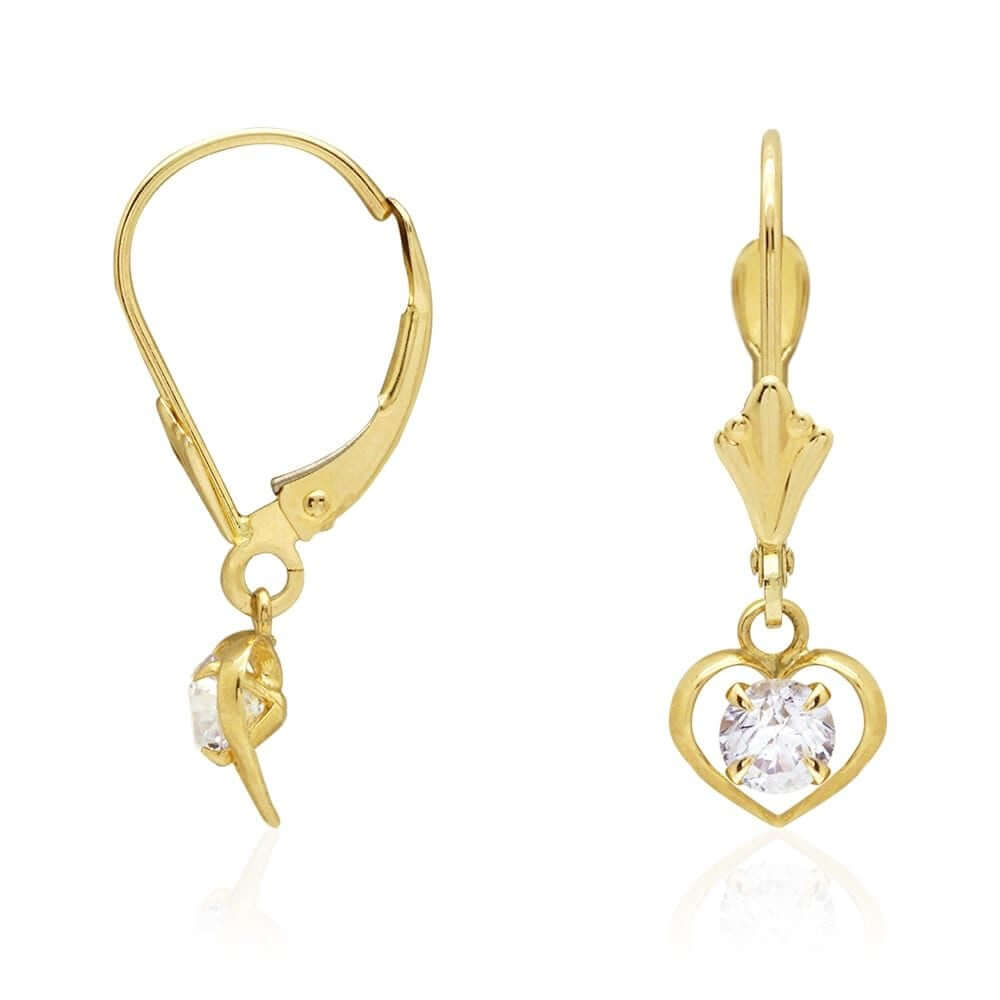 14K Yellow Gold Open Heart Solitaire Birthstone Drop Leverback Earrings