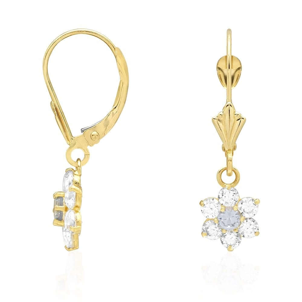 14k Yellow Gold CZ Flower Cluster Drop Leverback Earrings