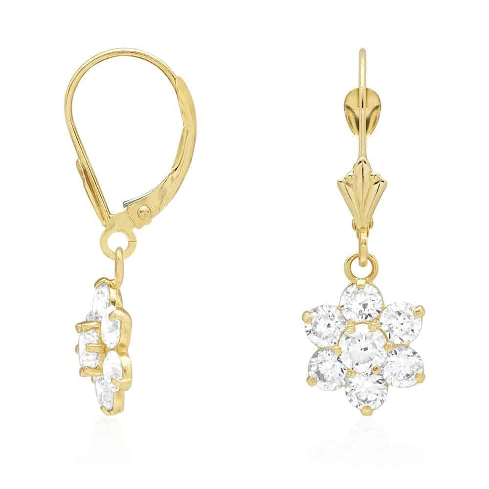 14k Yellow Gold CZ Flower Cluster Drop Leverback Earrings