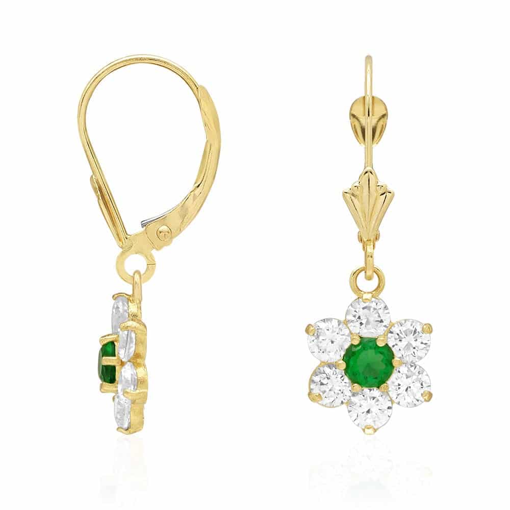 14k Yellow Gold CZ Flower Cluster Drop Leverback Earrings