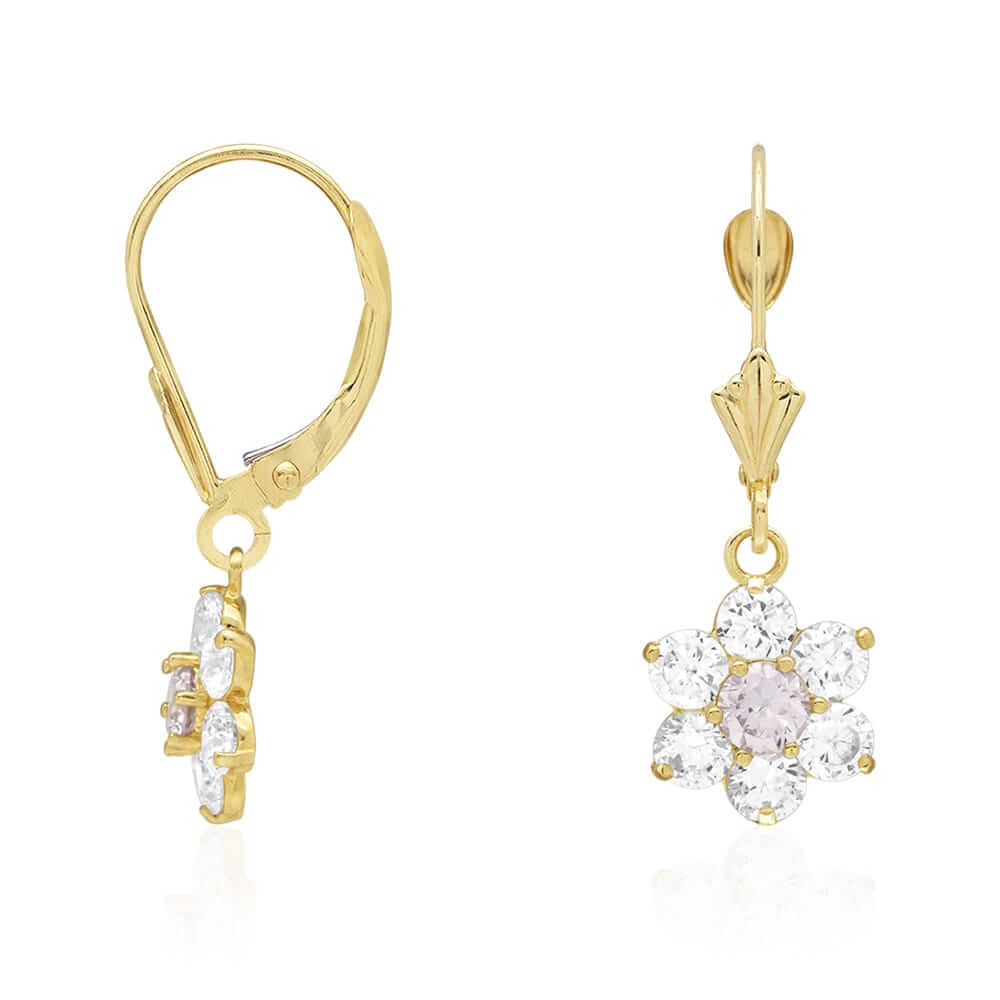 14k Yellow Gold CZ Flower Cluster Drop Leverback Earrings