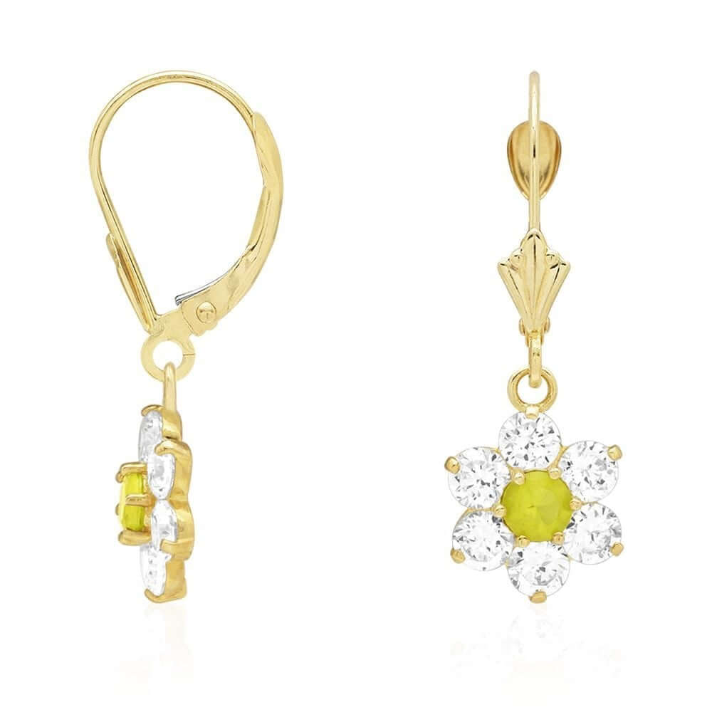 14k Yellow Gold CZ Flower Cluster Drop Leverback Earrings