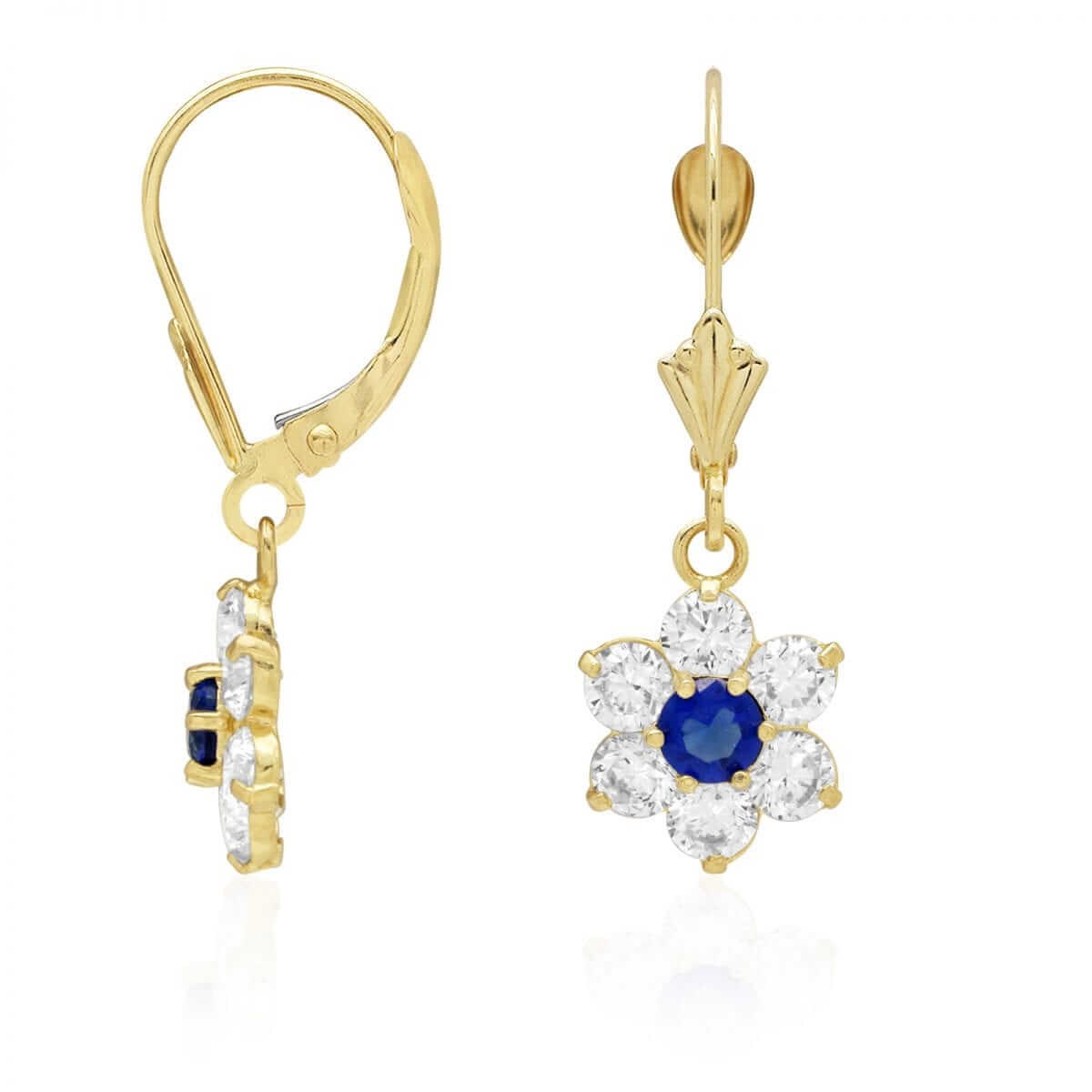 14k Yellow Gold CZ Flower Cluster Drop Leverback Earrings