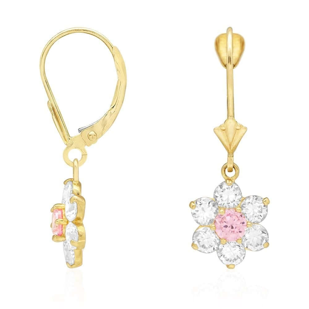 14k Yellow Gold CZ Flower Cluster Drop Leverback Earrings