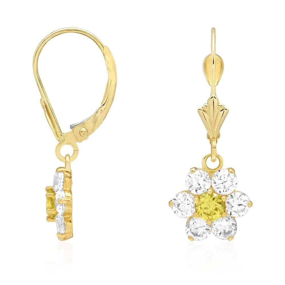 14k Yellow Gold CZ Flower Cluster Drop Leverback Earrings