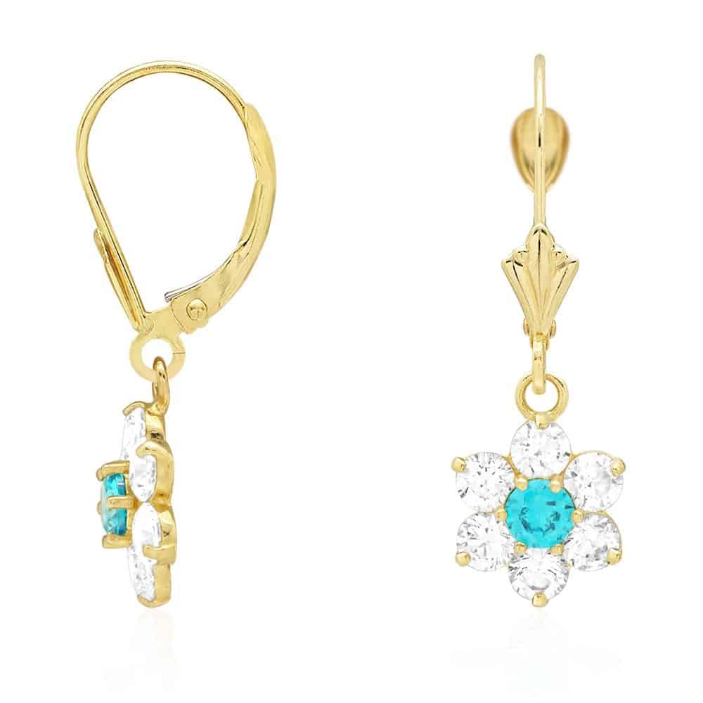 14k Yellow Gold CZ Flower Cluster Drop Leverback Earrings