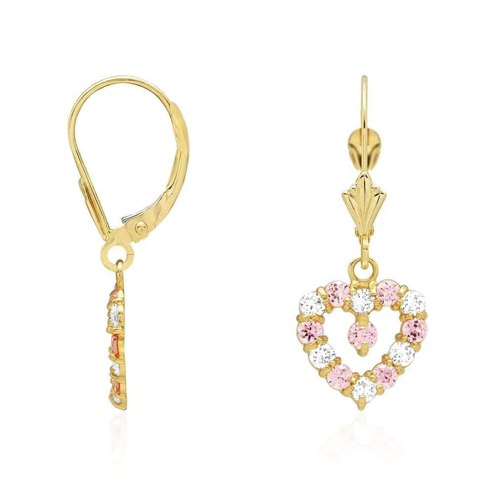 14k Yellow Gold Birthstone CZ Heart Leverback Earrings
