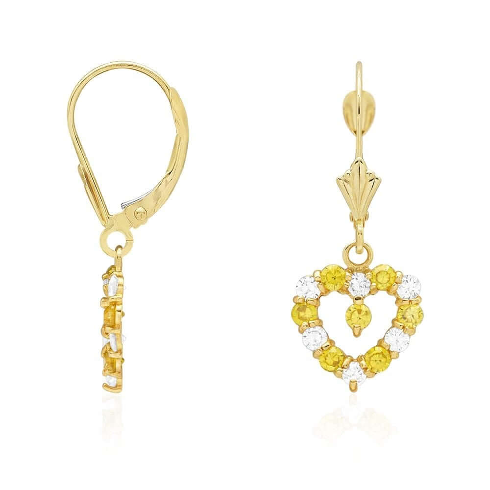 14k Yellow Gold Birthstone CZ Heart Leverback Earrings
