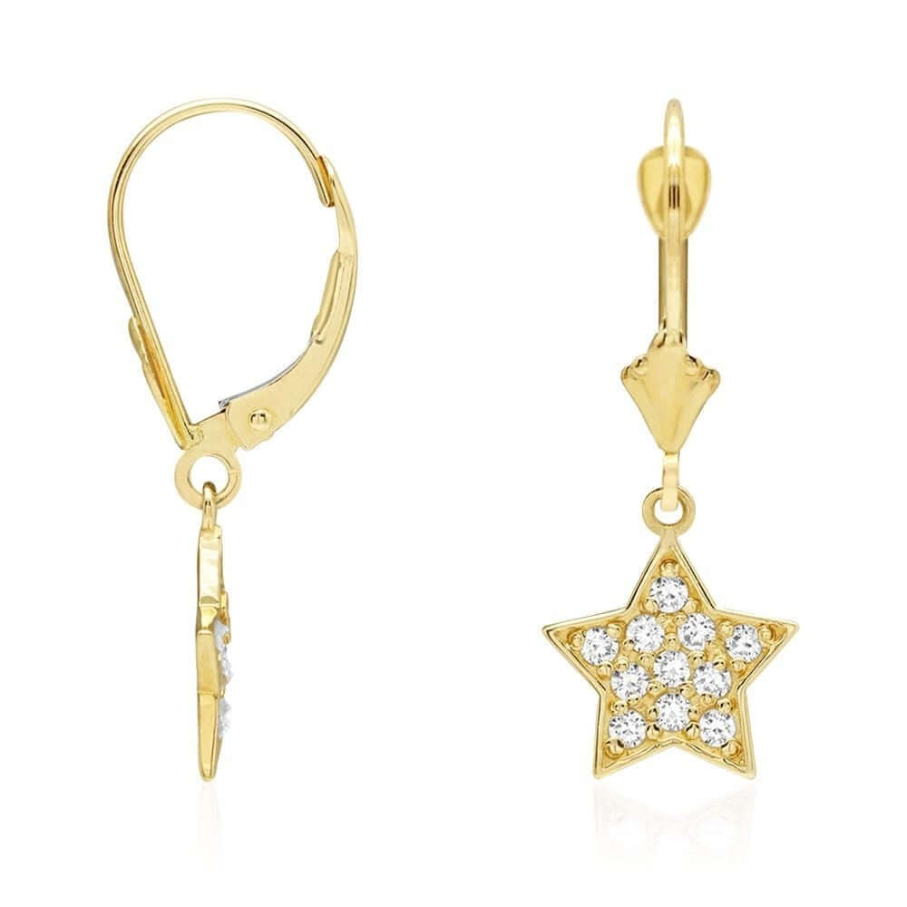 14k Yellow Gold CZ Star Drop Leverback Earrings