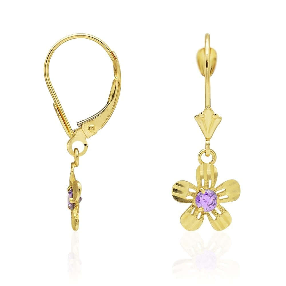14k Yellow White Gold Birthstone Diamond-Cut Flower Leverback Earrings