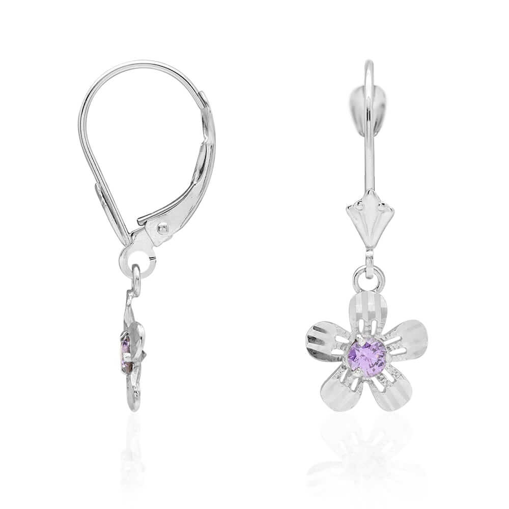 14k Yellow White Gold Birthstone Diamond-Cut Flower Leverback Earrings