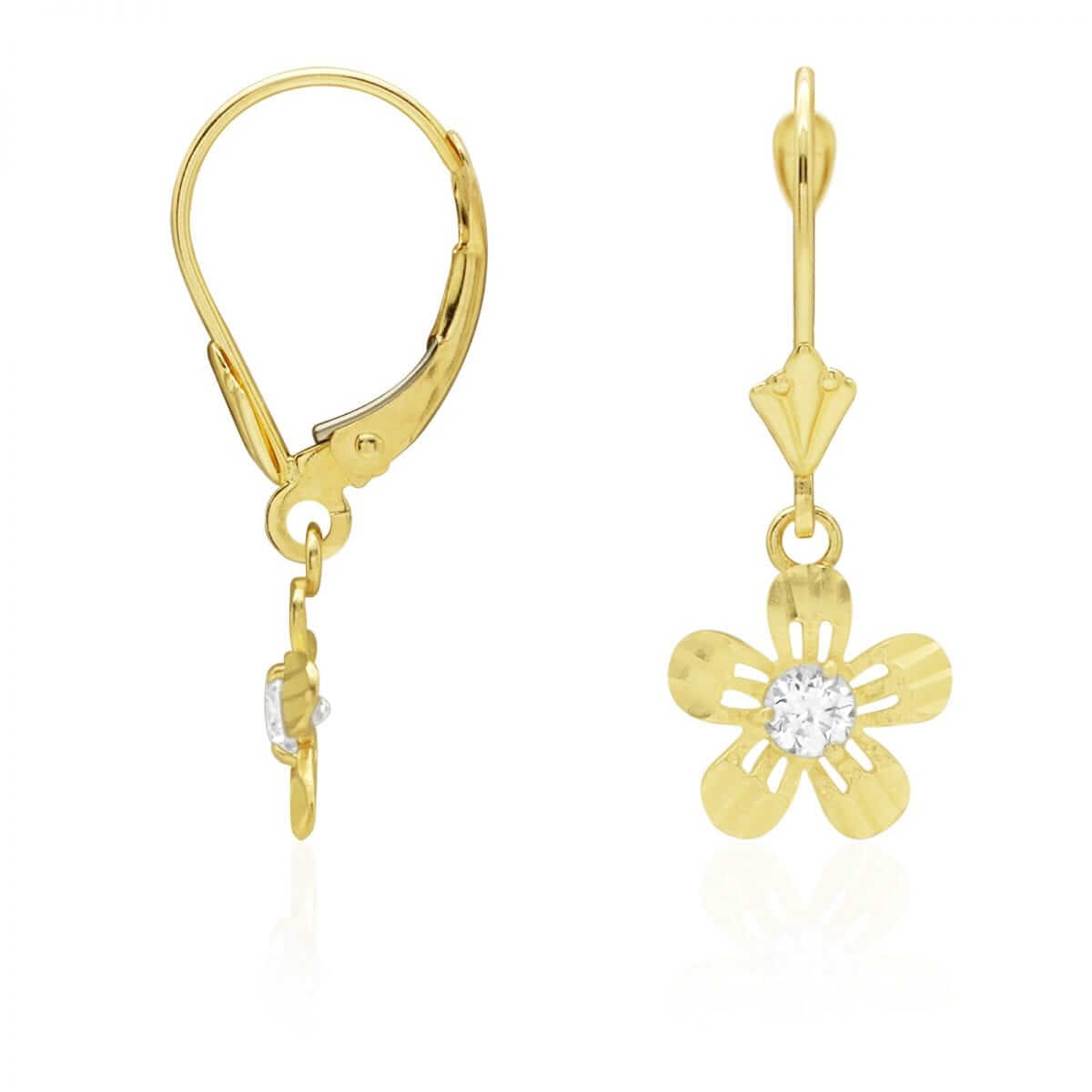 14k Yellow White Gold Birthstone Diamond-Cut Flower Leverback Earrings
