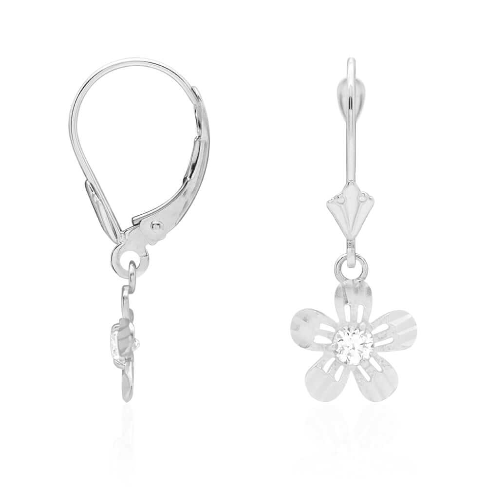 14k Yellow White Gold Birthstone Diamond-Cut Flower Leverback Earrings