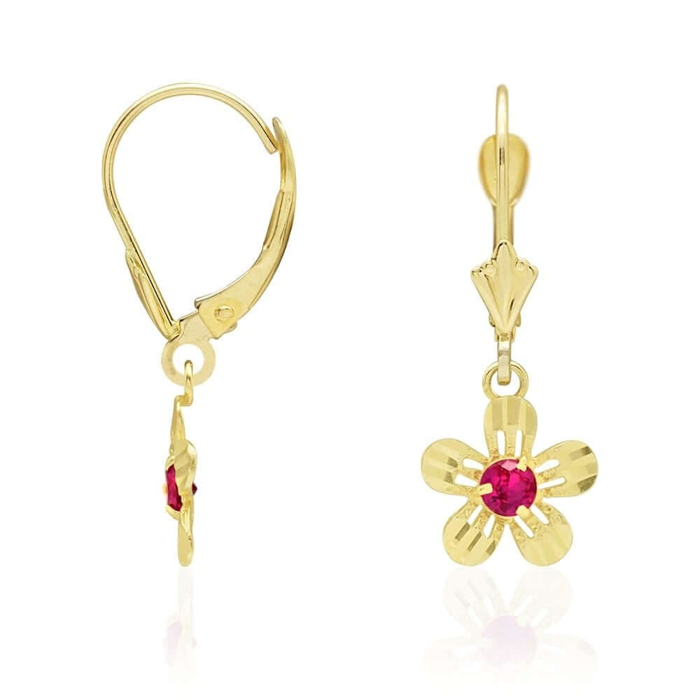 14k Yellow White Gold Birthstone Diamond-Cut Flower Leverback Earrings