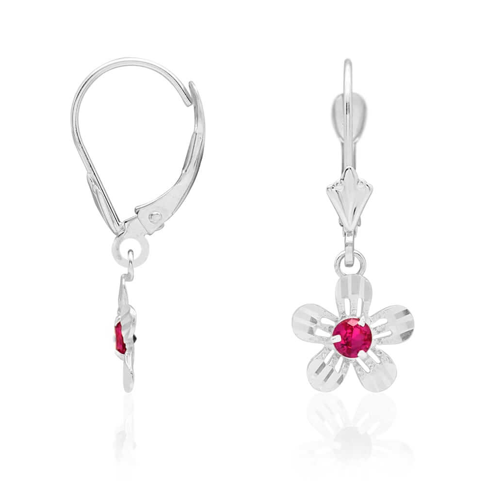 14k Yellow White Gold Birthstone Diamond-Cut Flower Leverback Earrings