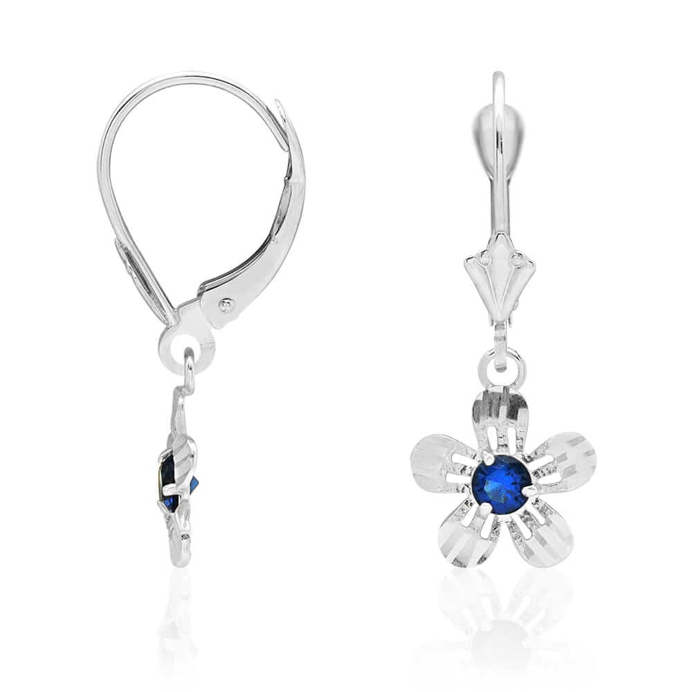 14k Yellow White Gold Birthstone Diamond-Cut Flower Leverback Earrings
