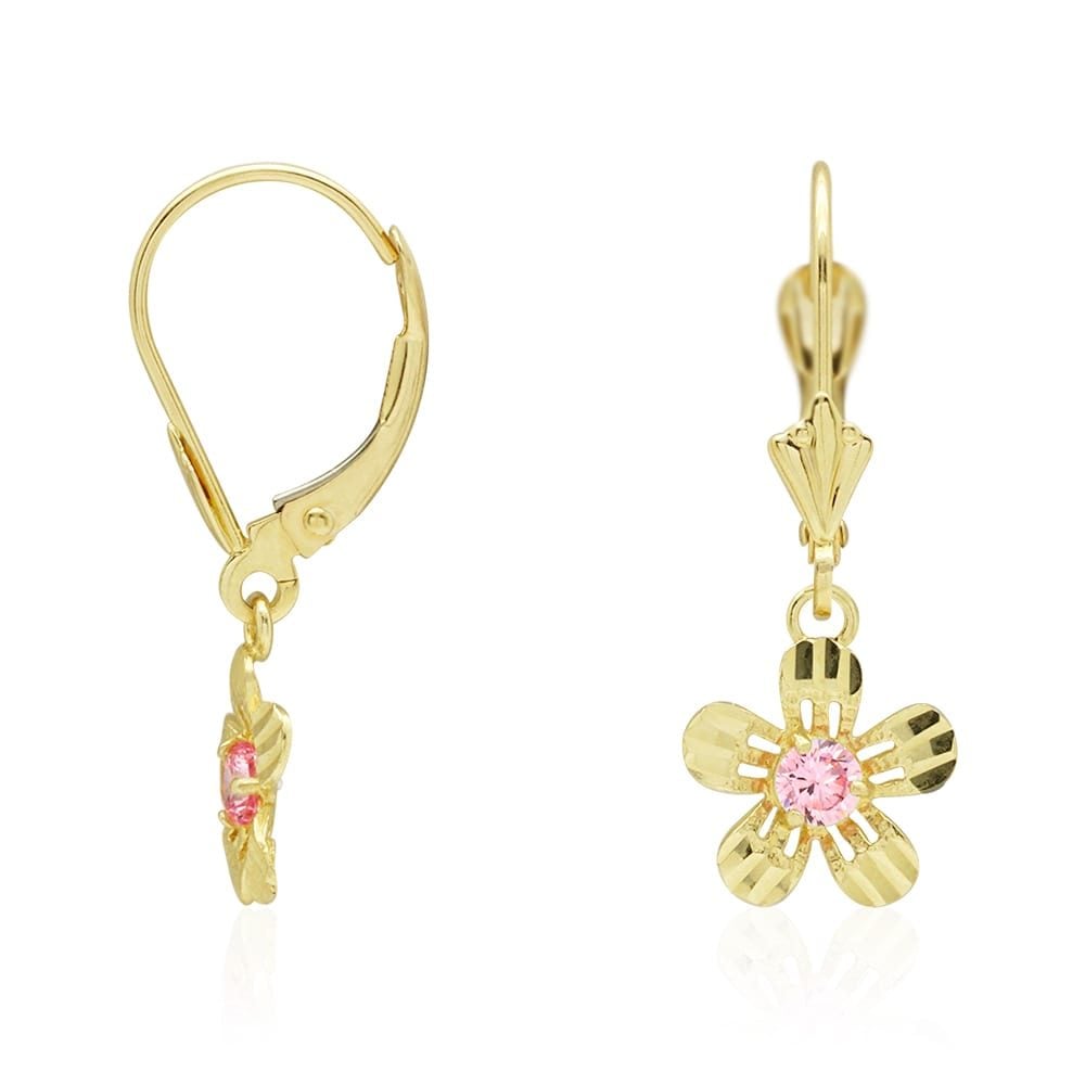14k Yellow White Gold Birthstone Diamond-Cut Flower Leverback Earrings