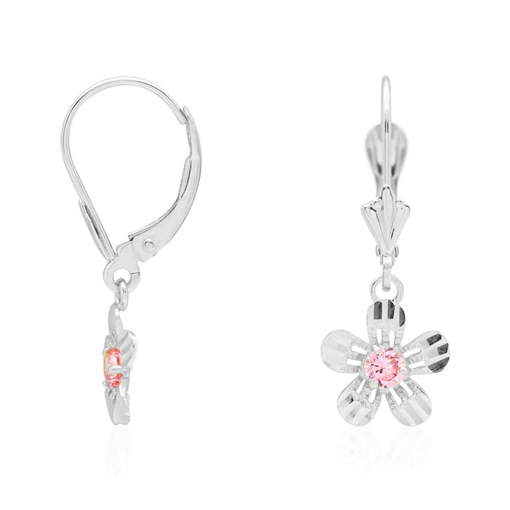 14k Yellow White Gold Birthstone Diamond-Cut Flower Leverback Earrings