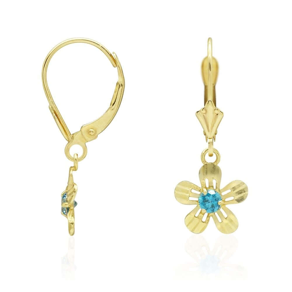 14k Yellow White Gold Birthstone Diamond-Cut Flower Leverback Earrings