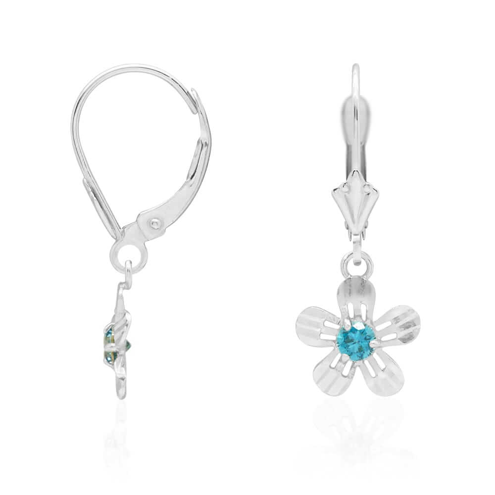 14k Yellow White Gold Birthstone Diamond-Cut Flower Leverback Earrings