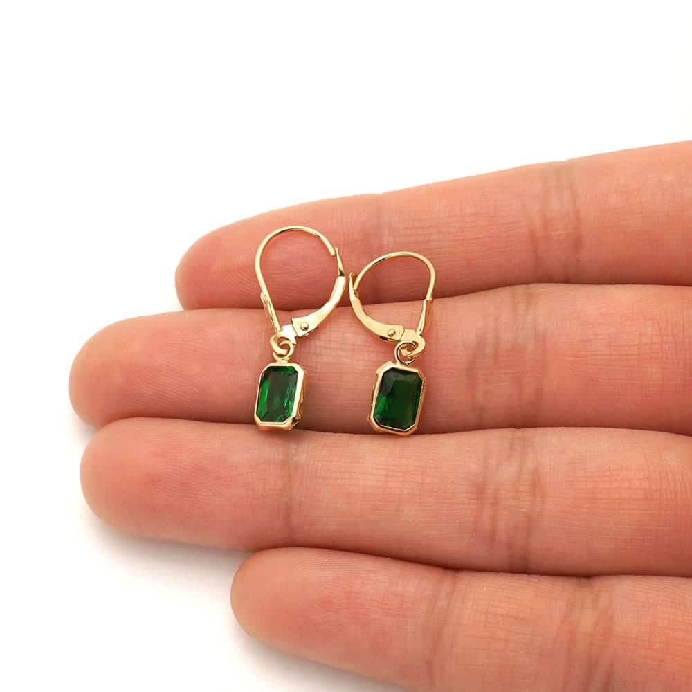 14k Yellow Gold Emerald-Cut Bezel Set Birthstone Drop Leverback Earrings