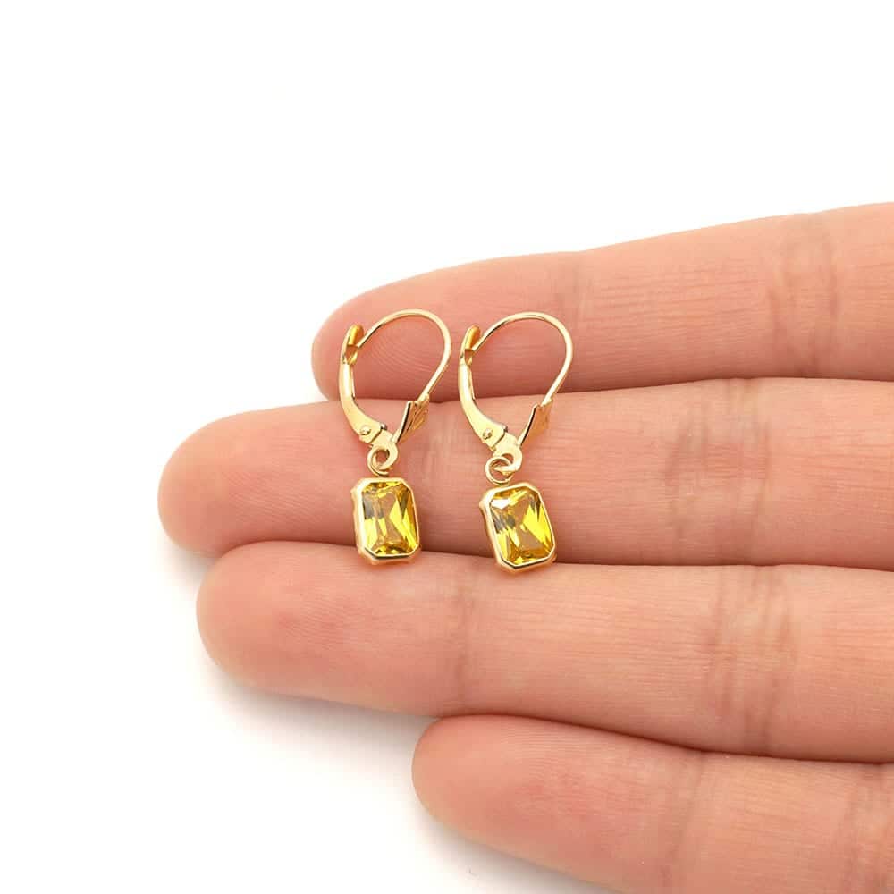 14k Yellow Gold Emerald-Cut Bezel Set Birthstone Drop Leverback Earrings